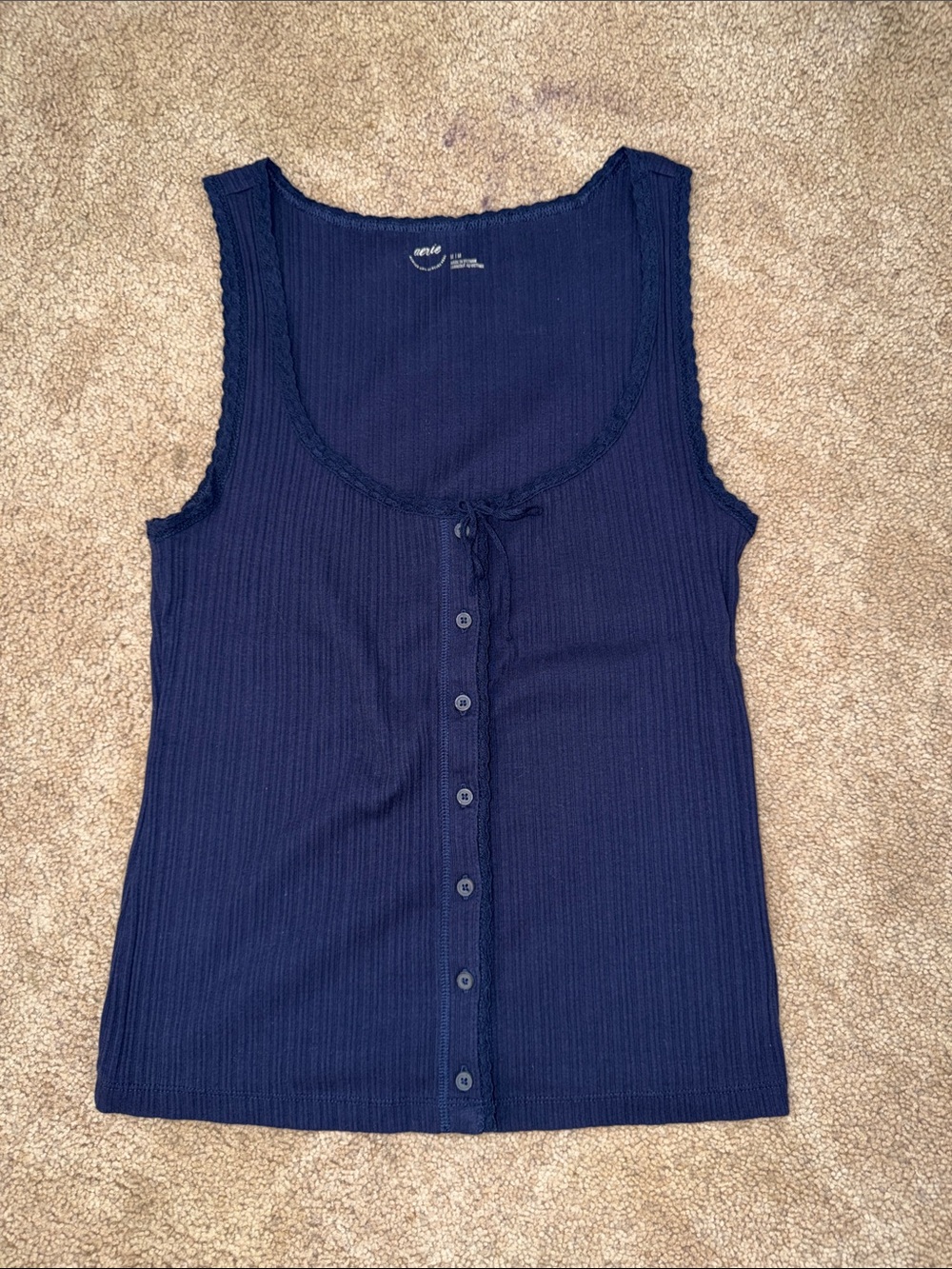 aerie Navy Ribbed Button-Front Tank with Crochet Trim